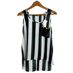 NEW! Sans Souci Striped Sheer Tank Blouse Sleeveless Pocket L